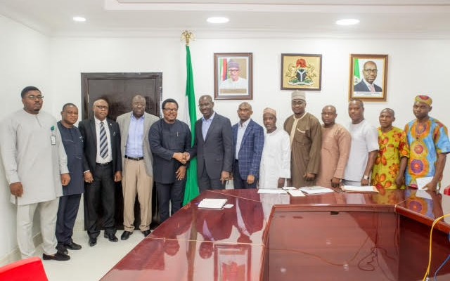 *Governor Godwin Obaseki of Edo State (6th from left); Chief of Staff to the Governor, Mr. Taiwo Akerele (7th from left) with executives of the Niger Delta Power Holding Development Company (NDPHC) who paid the governor a business visit in his office yesterday