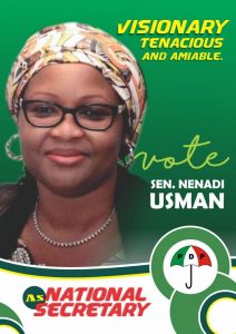 *THE NENADI USMAN I KNOW.....* .....Is a pragmatic team player .....Is a detribalised bridge builder in our party, the PDP .....Is passionate about the growth and development of our party (PDP) .....Has a motherly passion for group Satisfaction .....Has made selfless contributions to our party, the PDP, at all levels .....Has the experience to skillfully and passionately manage the Secretariat of our party .....Is committed to working with all groups, including women and youths, in the PDP A vote for Sen. Nenadi Usman is a vote for the future of our party, PDP Vote Sen. Nenadi Usman for PDP National Secretary. #VoteSenatorNenadiUsman4PDPNS